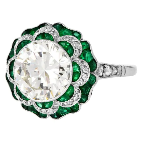  3.21 Carat Diamond & Emerald Platinum Filigree Engagement Ring
