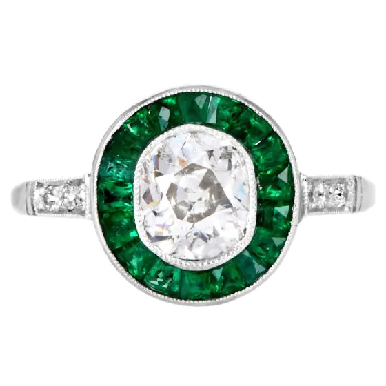 Old Cushion-Cut Diamond  French Emerald Halo Platinum Engagement Ring