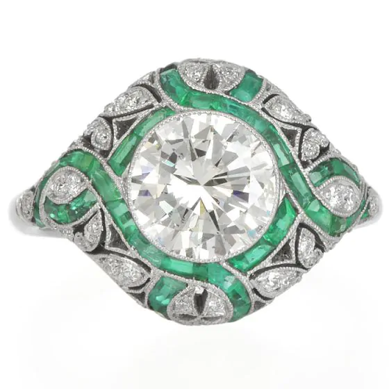 Vintage Diamond 3.25carats Emerald Platinum Filigree Engagement Ring|Dover Jewelry|