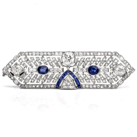 Antique Art Deco Diamond Sapphire Platinum Pin Brooch