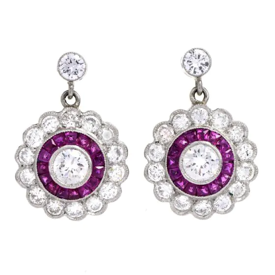 Estate Art Deco Diamond & Ruby Flower Halo Dangle Earrings in Platinum