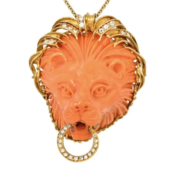 Vintage Italian Carved Coral Lion Head Diamond Gold Pendant Dover Jewelry 