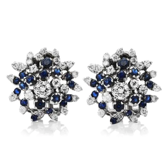 Vintage Diamond Blue Sapphire Platinum Flower Cluster Clip-on Earrings 