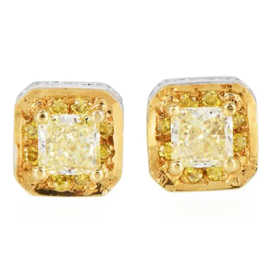 Estate 0.75cts Fancy Yellow Diamond 18K Cushion Earring Studs|Dover Jewelry|