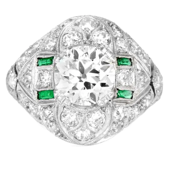 Vintage Old European Diamond 2.66 Carat Emerald Platinum Filigree Ring-Dover Jewelry