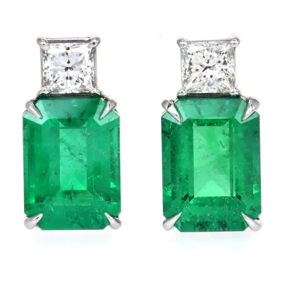 GIA Emerald Princess Cut Diamond Platinum Elegant Stud Earrings