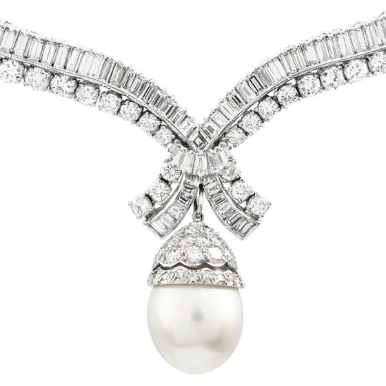 25.30cts Diamond South Sea Pearl Platinum Dangle Choker Necklace 