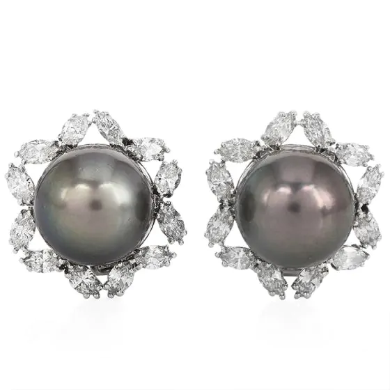 Estate South Sea Pearl 6.00cts Floral Diamond Gold Earrings-Dover Jewelry
