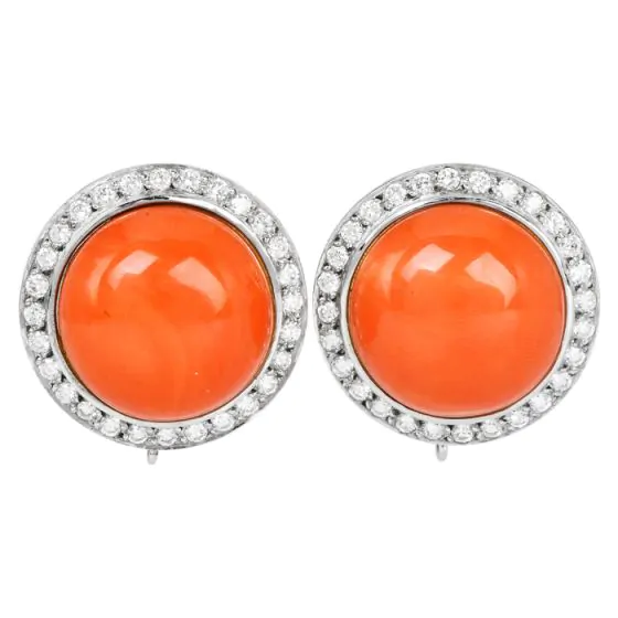 Vintage Redish Orange Coral diamond 18K Gold Clip Earrings |Dover Jewelry|