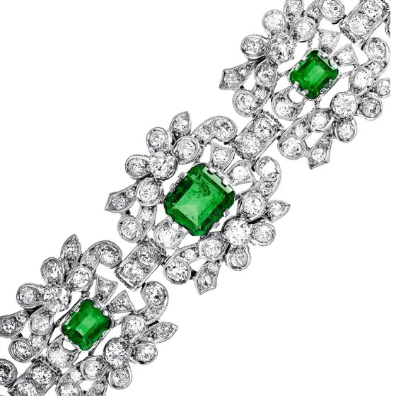 Vintage Diamond Colombian Emerald Platinum Flower Link Bracelet