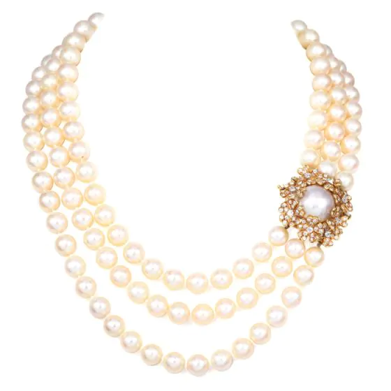David Webb Diamond Pearl 18K Yellow Gold Flower Clasp Triple Strand Necklace