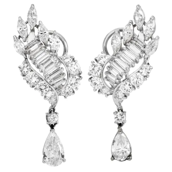 Vintage 7.70cts Diamond Platinum Bridal Drop Earrings