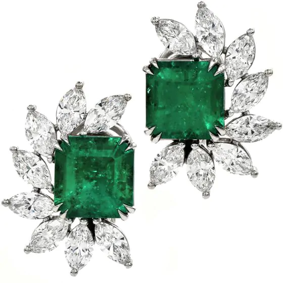 Diamond Emerald Platinum Half Halo Clip-On Flower Earrings