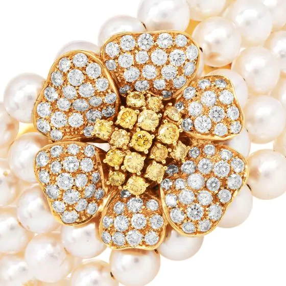 Diamond Flower 5Rows Pearl 18K Yellow Gold Cuff Bracelet |Dover Jewelry|