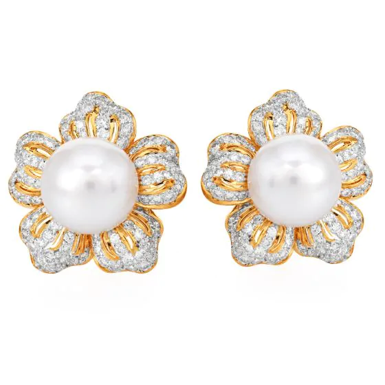 1980s  10mm Pearl & Pave Diamond Platinum Clip-Back Earrings|Dover jewelry|