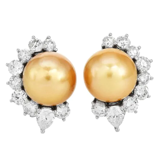 11mm Golden Southsea Pearl 18K White Gold Statement Earrings |Dover Jewelry|