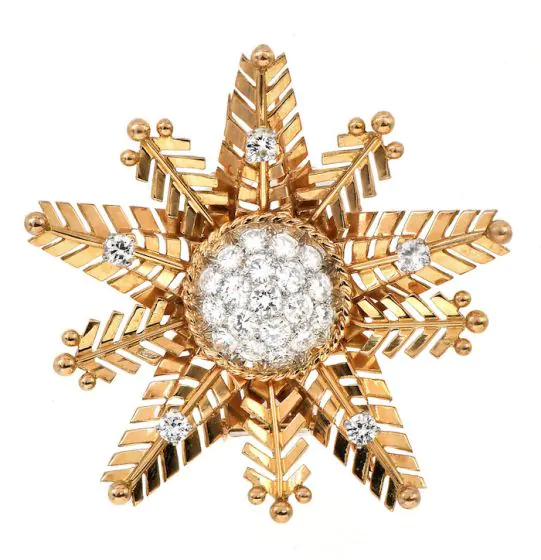 Vintage French Snowflake 18K Rose Gold Diamond Cluster Pin| Dover Jewelry 