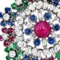 1960S Circular Cluster Ruby Sapphire Diamond Clip 18k Gold Brooch Pin