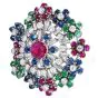1960S Circular Cluster Ruby Sapphire Diamond Clip 18k Gold Brooch Pin