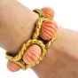 TRIO Vintage Carved Pink Coral 18K Yellow Gold Shell Large Link Bracelet
