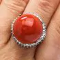 Estate  18mm Natural Red Coral Diamond Halo  Platinum Cocktail Ring