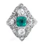 Antique Art Deco Diamond Emerald Platinum Filigree Navette Cocktail Ring 