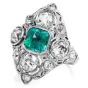 Antique Art Deco Diamond Emerald Platinum Filigree Navette Cocktail Ring 