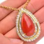 GIA Coral Diamond 18K Gold Pear Halo Pendant-Dover Jewelry
