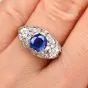 Vintage Kashmir Sapphire Diamond Platinum Three Stone Engagement Ring|DoverJewelry|