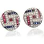 Vintage Retro Diamond Sapphire Ruby Platinum Round Clip Back Earrings 