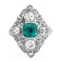 Antique Art Deco Diamond Emerald Platinum Filigree Navette Cocktail Ring 