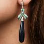 Vintage Diamond Emerald Onyx Platinum Ribbon Long Drop Dangle Earrings