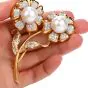 Estate Diamond Pearl 18K Gold Double Flower Pin Brooch
