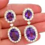 Vintage Retro 6cts Diamond Amethyst 18K Yellow Gold Halo Dangle Drop Earrings