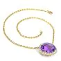 Vintage Retro Amethyst Diamond 18K Yellow Gold Halo Dangle Drop Pendant Chain Necklace