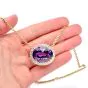 Vintage Retro Amethyst Diamond 18K Yellow Gold Halo Dangle Drop Pendant Chain Necklace