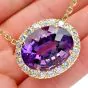 Vintage Retro Amethyst Diamond 18K Yellow Gold Halo Dangle Drop Pendant Chain Necklace