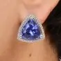 GIA Tanzanite Diamond 18K White Gold Trillion Triangular Halo Stud Earrings