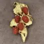 Vintage Diamond Carved Coral 18K Gold Strawberries Floral Leaf Brooch Pin Pendant