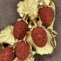 Vintage Diamond Carved Coral 18K Gold Strawberries Floral Leaf Brooch Pin Pendant