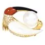 Estate Diamond Pearl Coral Onyx 18K Gold White Ibis Bird Brooch Pendant