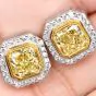 Estate Cushion Yellow Diamond Platinum Gold Halo Stud Earrings