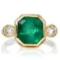 Estate Ascher-cut Emerald Diamond Platinum Three Stone 18k Gold Ring