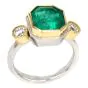 Estate Ascher-cut Emerald Diamond Platinum Three Stone 18k Gold Ring