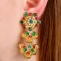 Emerald Ruby Diamond 18K Gold Flower Dangle Earrings