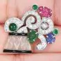 Vintage Deco Diamond Gemstone Gold Flower Brooch 