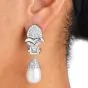 Estate Diamond Platinum Scalloped South Sea Pearl Dangle Drop Earrings-Dover Jewelry