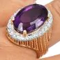 Estate Amethyst 16.98cts Diamond 14K Gold Halo Grooved Cocktail Ring 