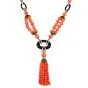 Vintage 1970s Diamond Coral Onyx 18K Gold Tassel Statement Necklace-Dover Jewelry