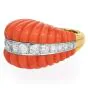 1970S Red Coral 18K Yellow Gold Dome Shape Diamond Cocktail Ring 